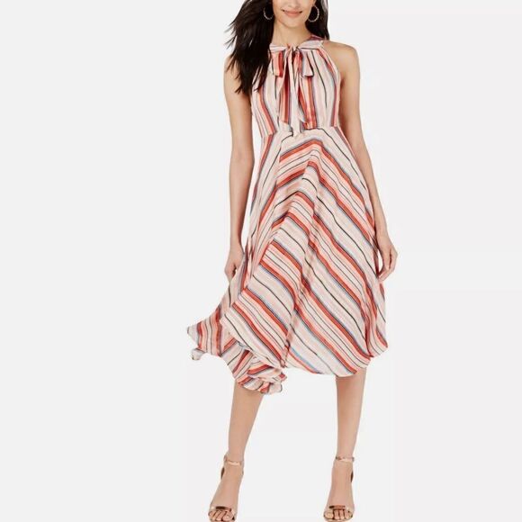 NWT FOXIEDOX Multi Color Metallic Striped Tie-neck Fit & Flare Dress Sz S - Picture 9 of 10